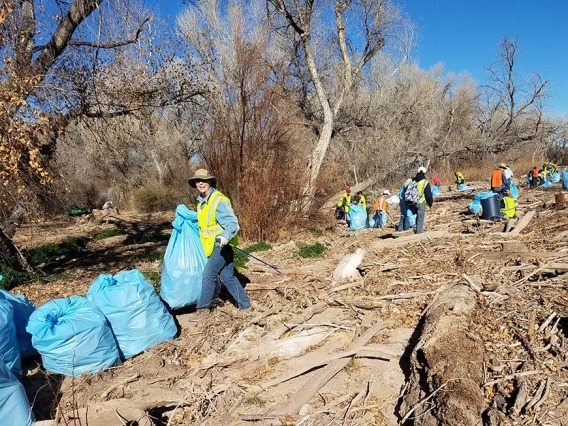 People conducting a river clean up with large blue garbage bags