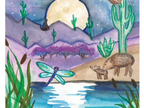 Watercolor painting of evening by water with animals