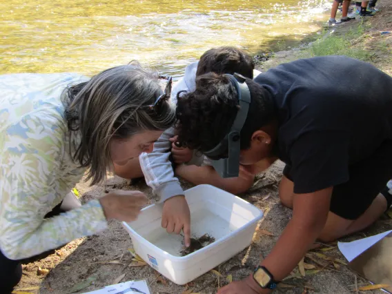 Two students and one adult looking at a container on edge of river