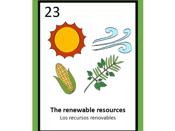 Loteria card with sun, wind, corn, plant and words The Renewable Resources