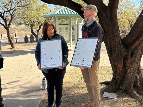 Two people showing white boards with collected data