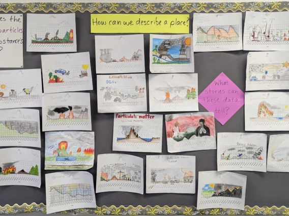 Examples of student work on board from Air Pollution and Art lesson
