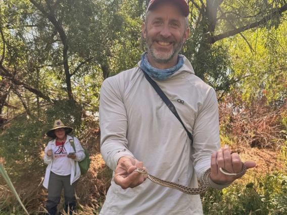 Michael Bogan holding a gopher snake near the Santa Cruz River