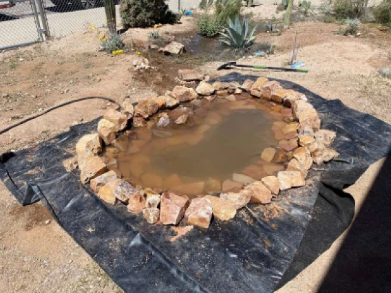 Pond in dirt area with rocks and pond liner visable
