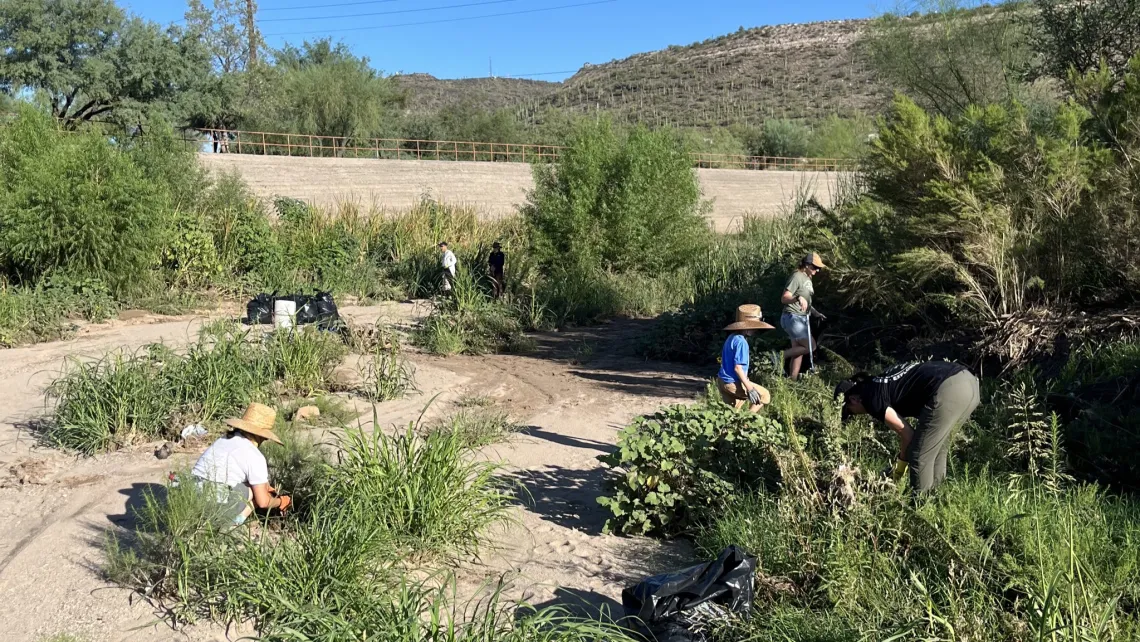 Volunteers collecting trash in the Santa Cruz River channel in Tucson