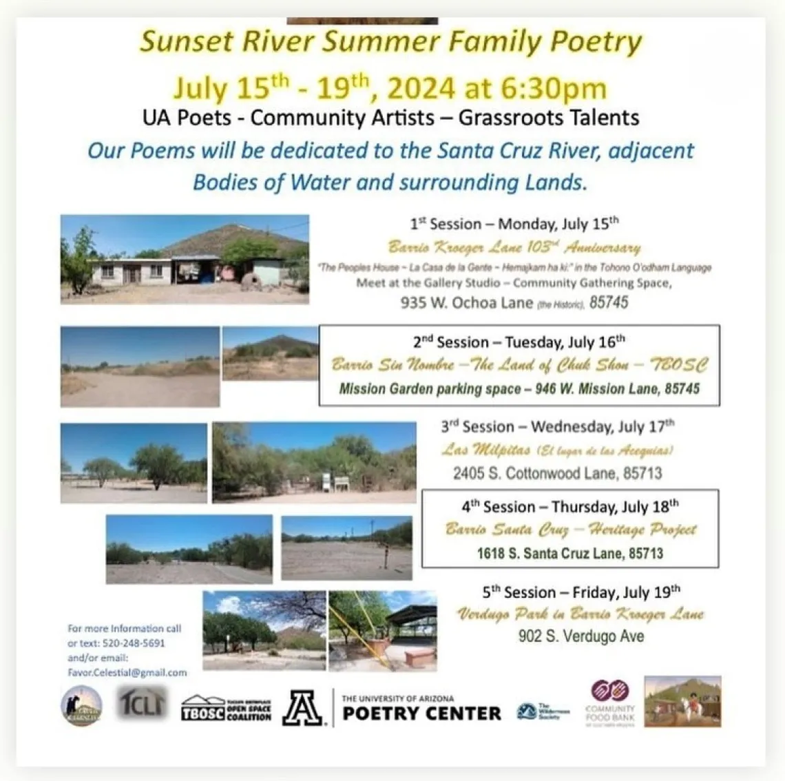 Sunset River Summer Poetry flyer with dates, times and locations