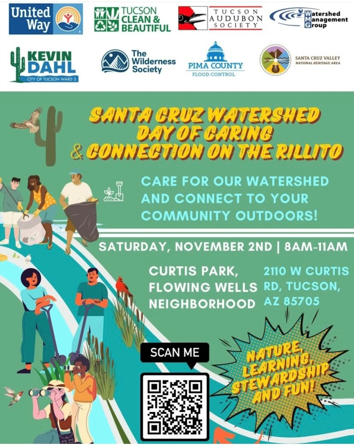 Santa Cruz Watershed Day of Caring poster with images of people picking up trash, a saguaro, and water