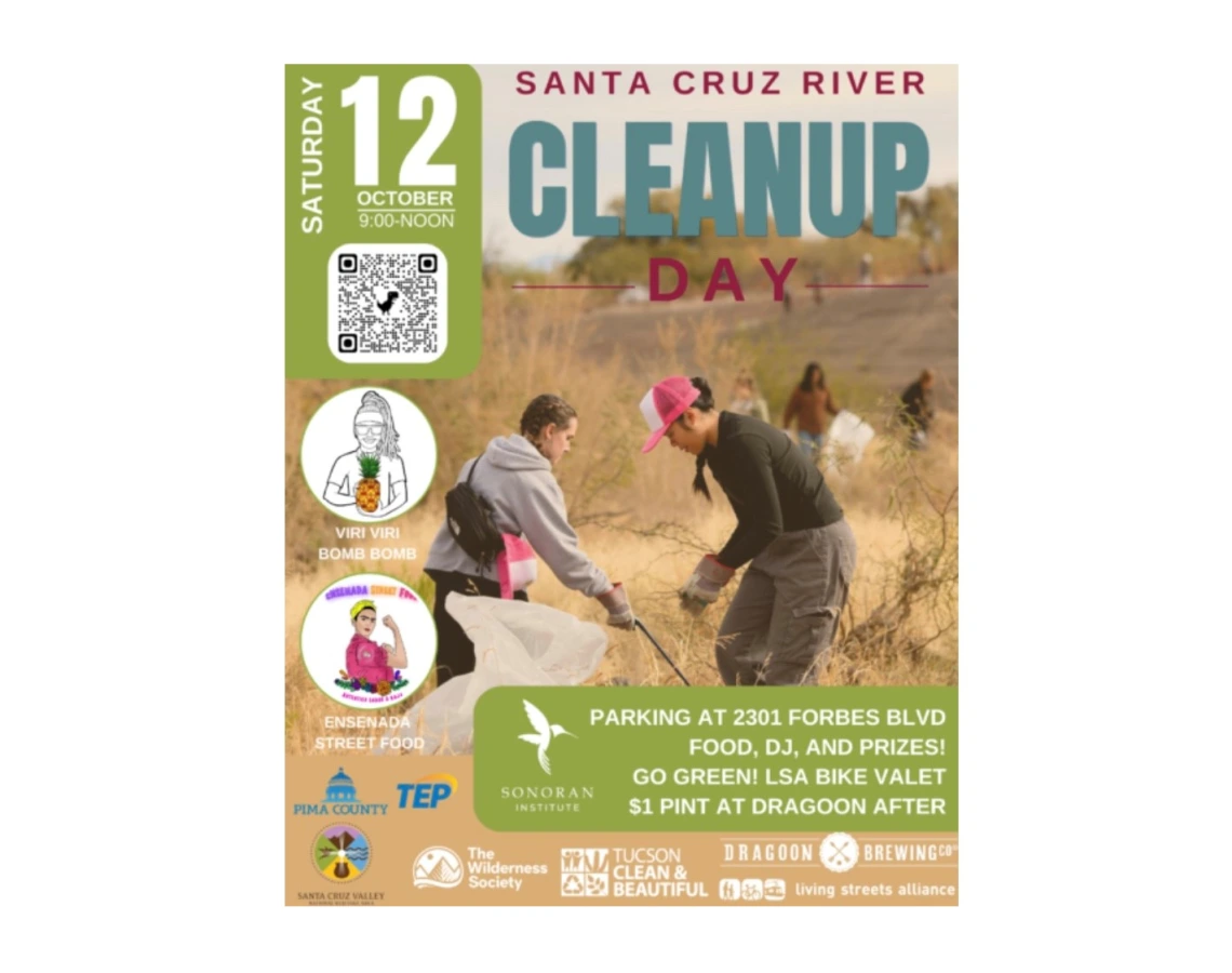 People picking up trash in the Santa Cruz River with details of cleanup on October 12