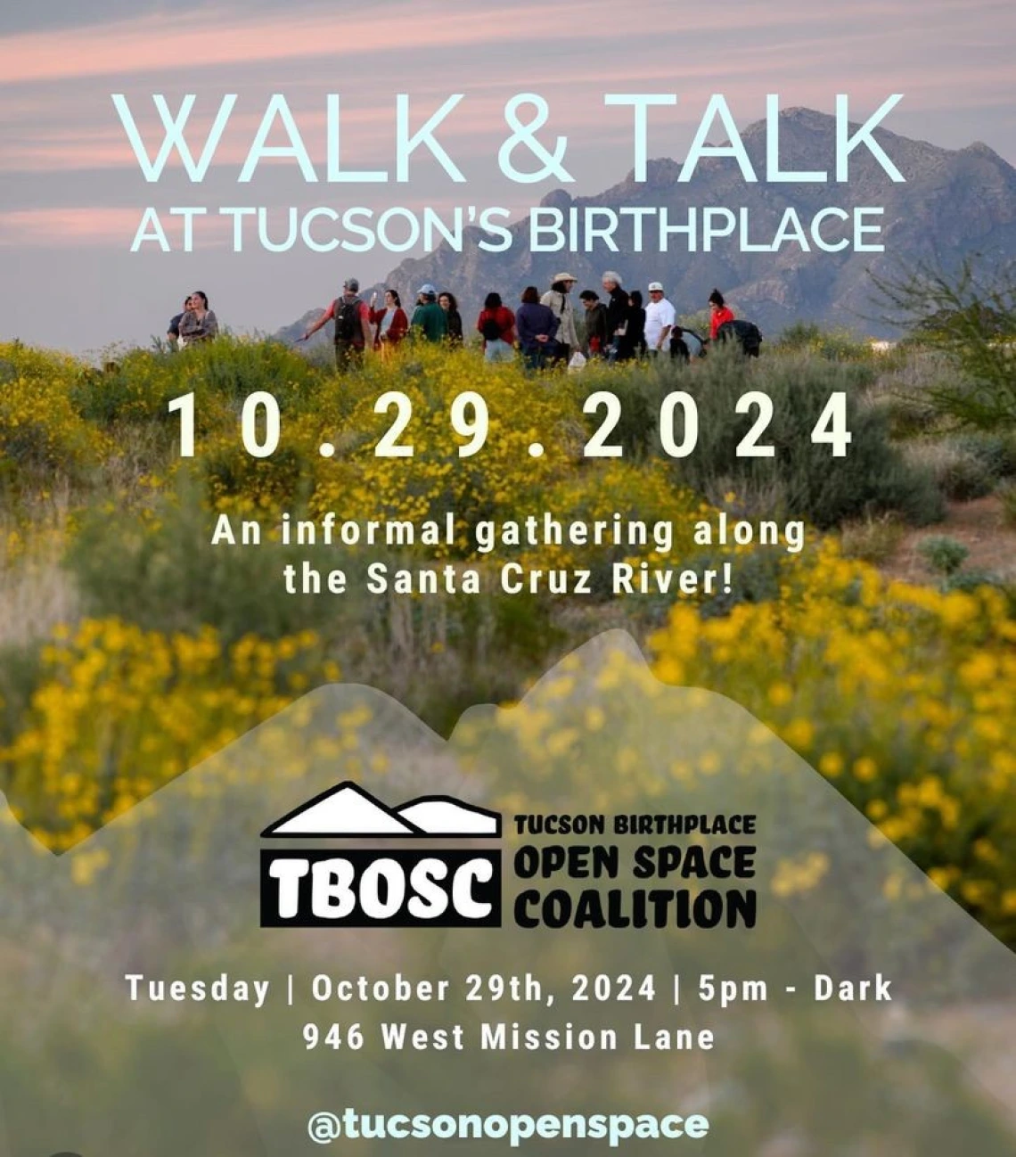 Walk and Talk at Tucson's Birthplace vent with people gathering in field of yellow flowers Oct 29