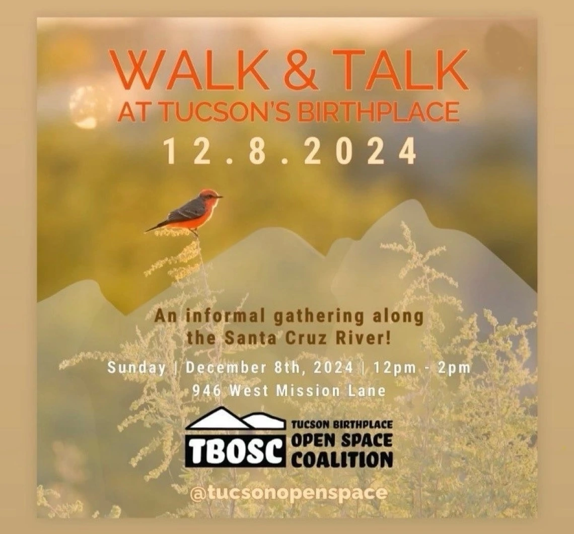 Walk and Talk at Tucson's Birthplace event flyer with bird and mountains in background