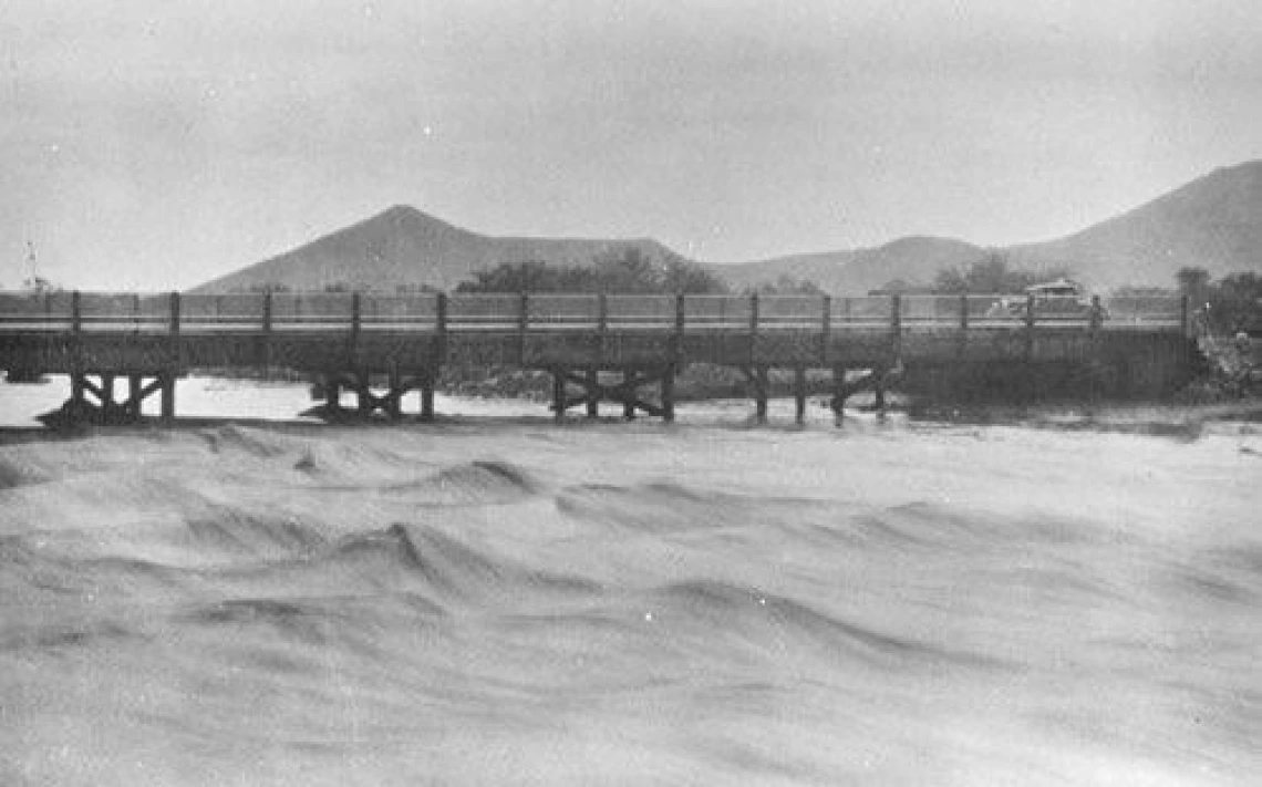 Black and white photo from 1931 of St. Mary's Road bridge over the Santa Cruz River in Tucson