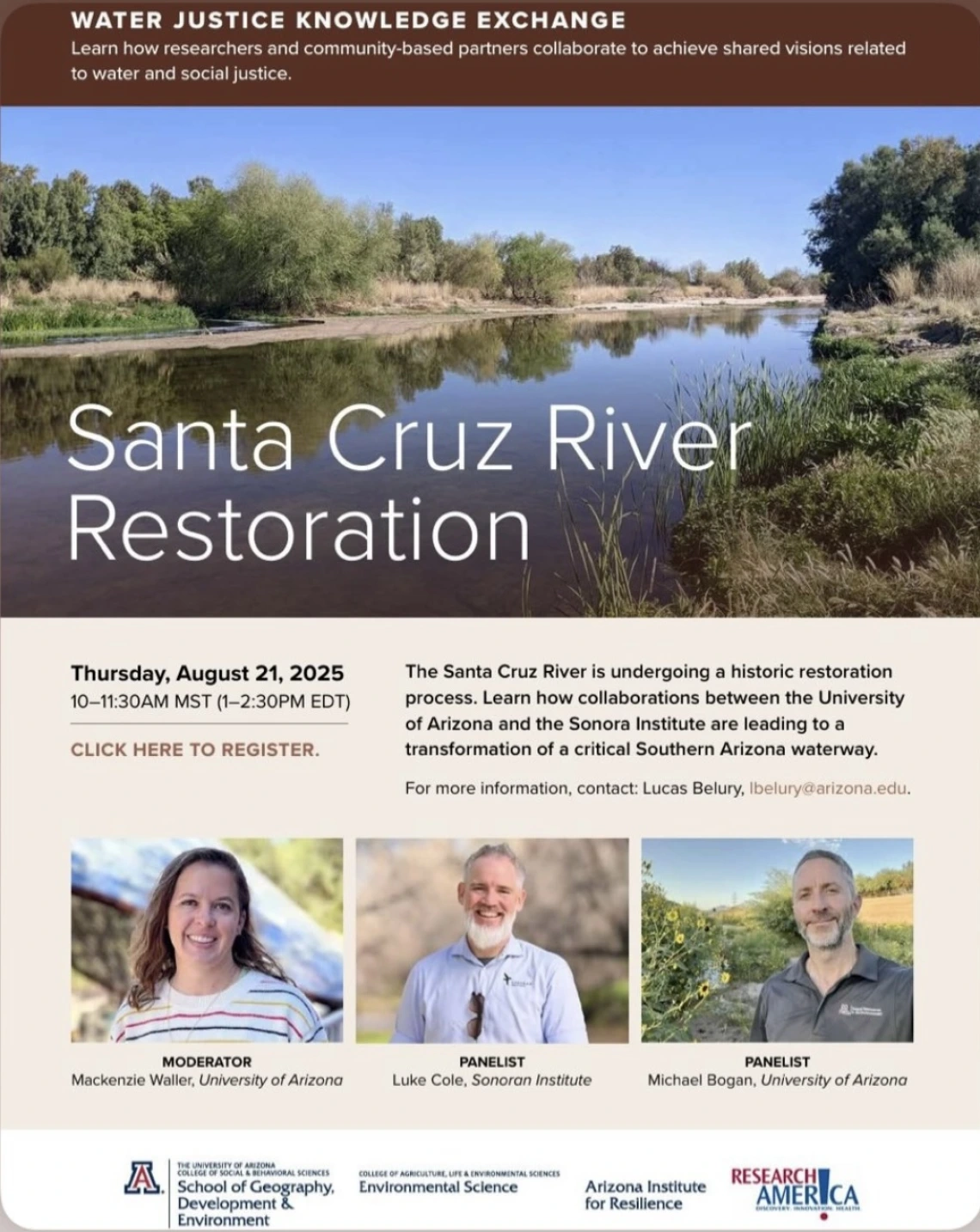 Flyer with image of Santa Cruz River and pictures of speakers Michael Bogan, Luke Cole, and Mackenzie Waller