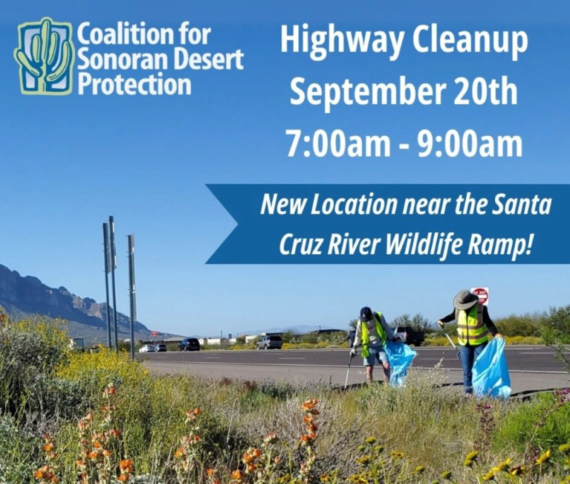 Two people picking up trash on edge of road with mountains in background
