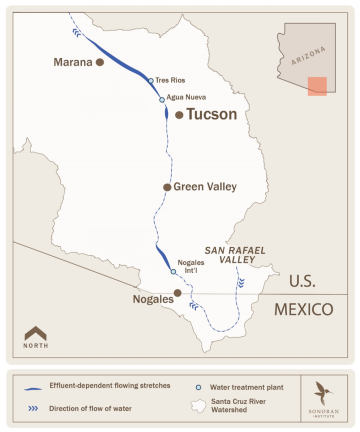 Map of the Santa Cruz River in Mexico and Arizona with flow areas