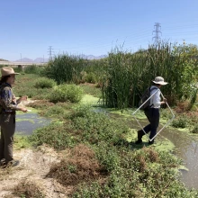 Two people walking near a river