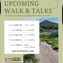 A mountain in the background with the dates and times for upcoming walk and talks